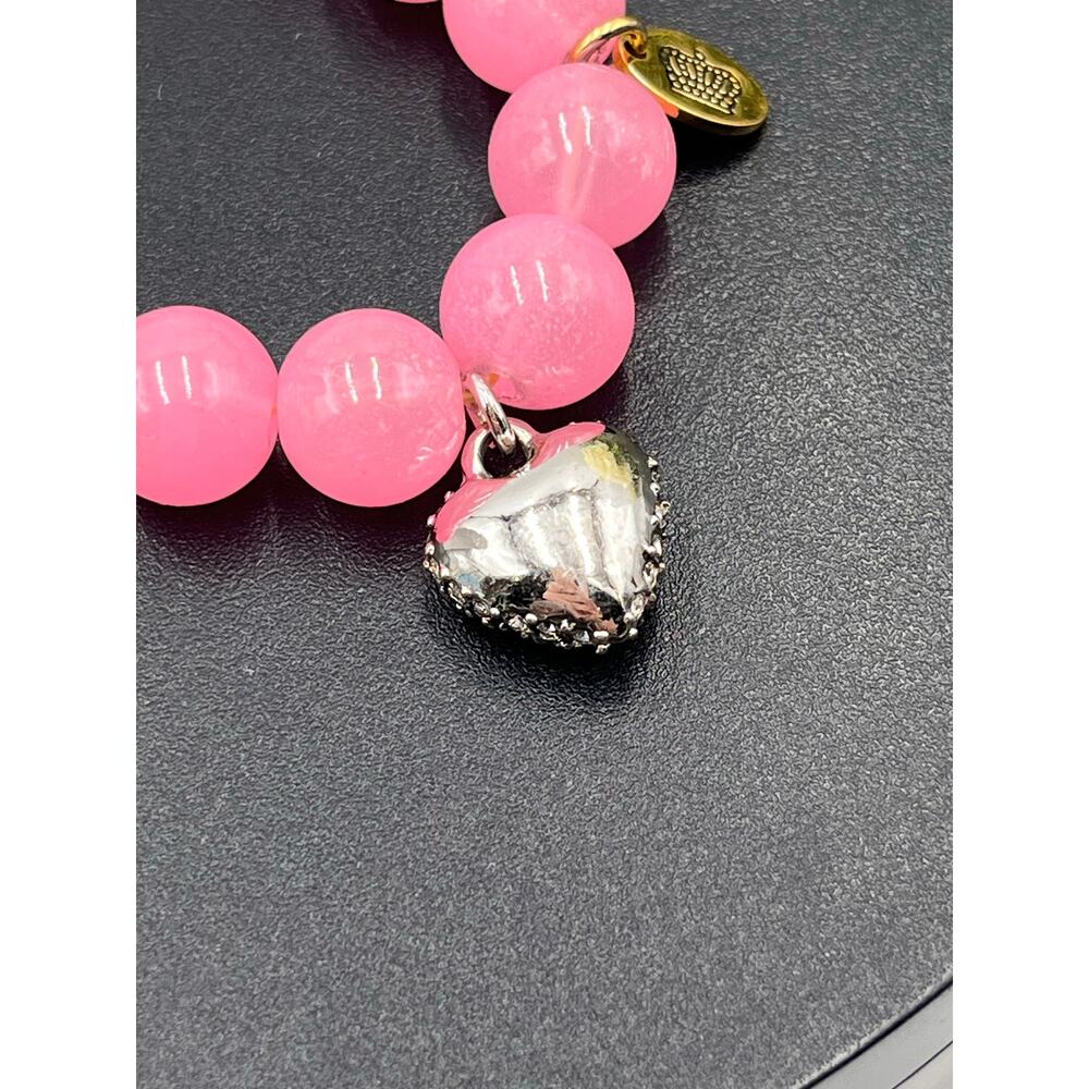 Juicy Couture Pink Beaded Stretch Pave Heart Charm Bracelet Hangtag - Picture 5 of 6